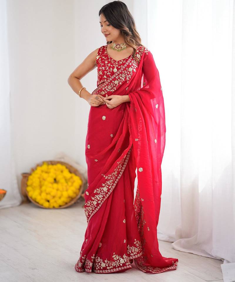 Red silk blend sequins work embroidered saree
