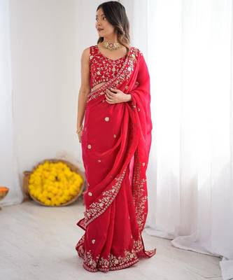 Red silk blend sequins work embroidered saree 2