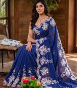 Royal-blue silk blend thread work embroidered saree