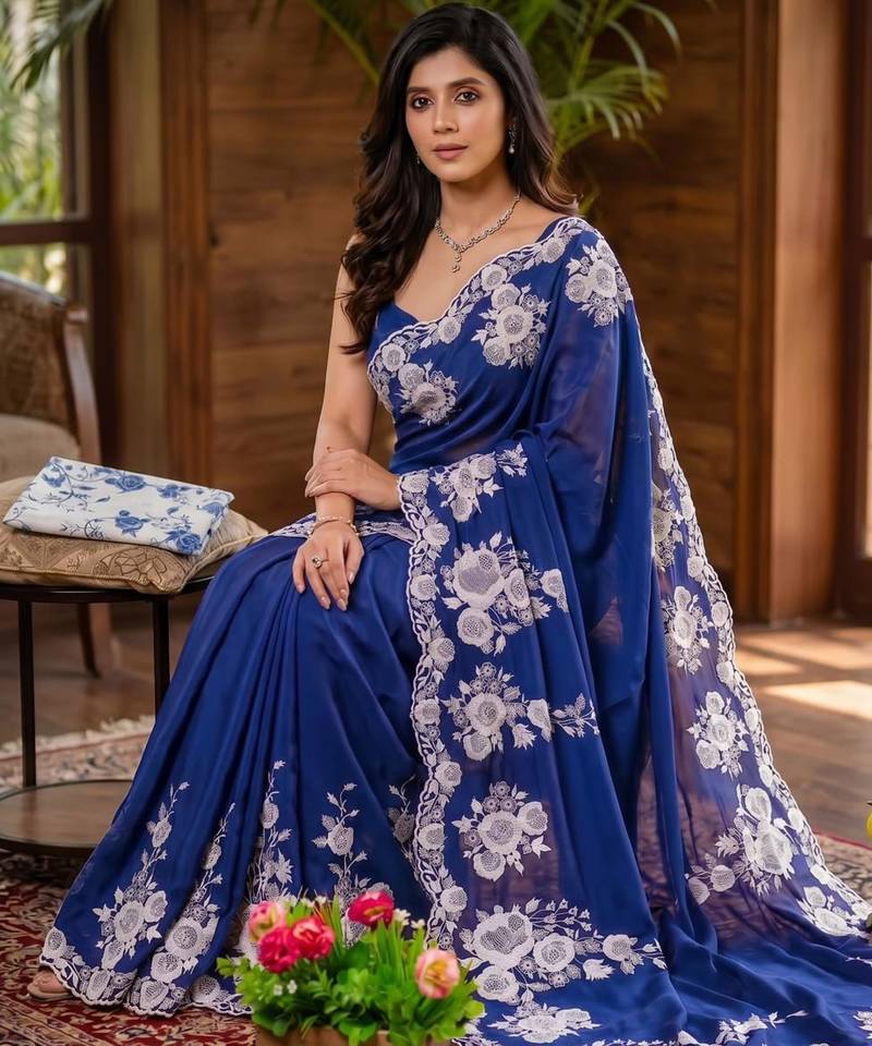 Royal-blue silk blend thread work embroidered saree
