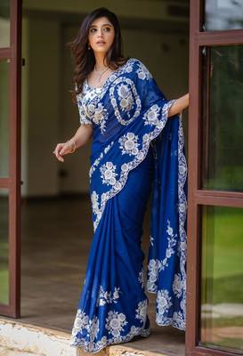 Royal-blue silk blend thread work embroidered saree 2