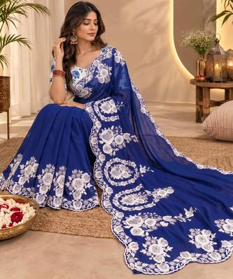 Royal-blue silk blend thread work embroidered saree 3