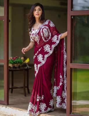Maroon silk blend thread work embroidered saree 1