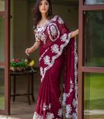 Maroon silk blend thread work embroidered saree