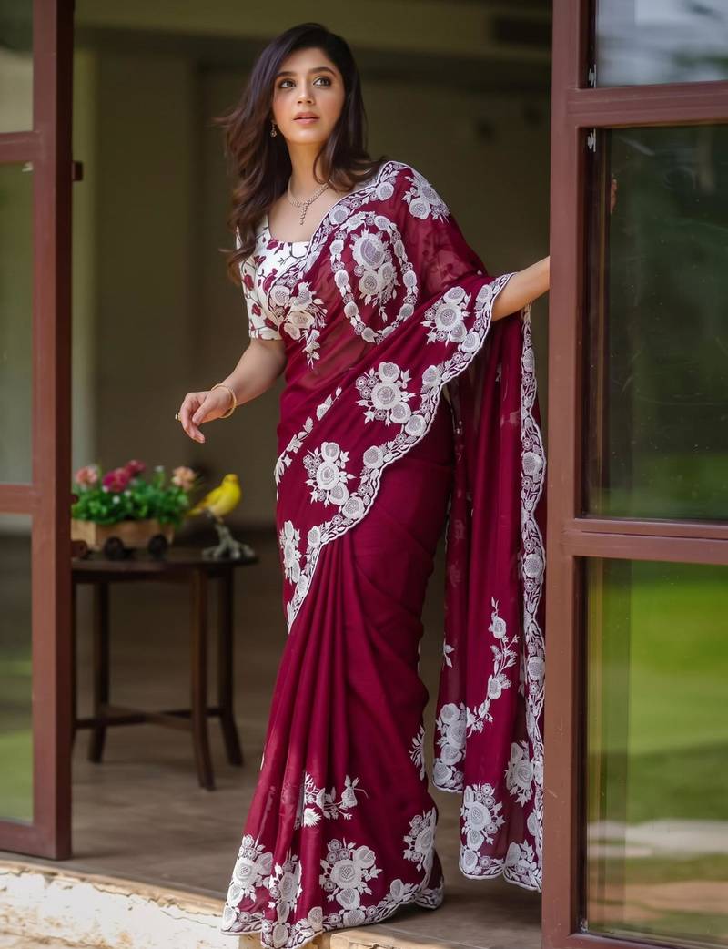 Maroon silk blend thread work embroidered saree