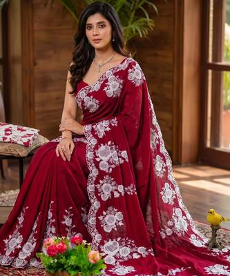 Maroon silk blend thread work embroidered saree 2