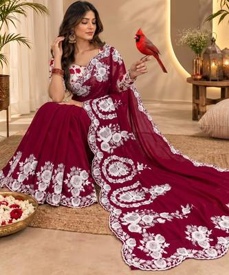 Maroon silk blend thread work embroidered saree 3