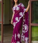 Magenta silk blend thread work embroidered saree