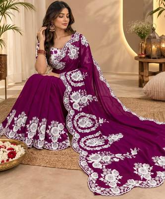 Magenta silk blend thread work embroidered saree 2