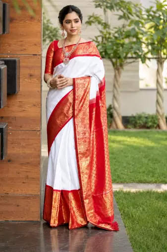 White silk blend zari woven woven saree
