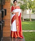 White silk blend zari woven woven saree