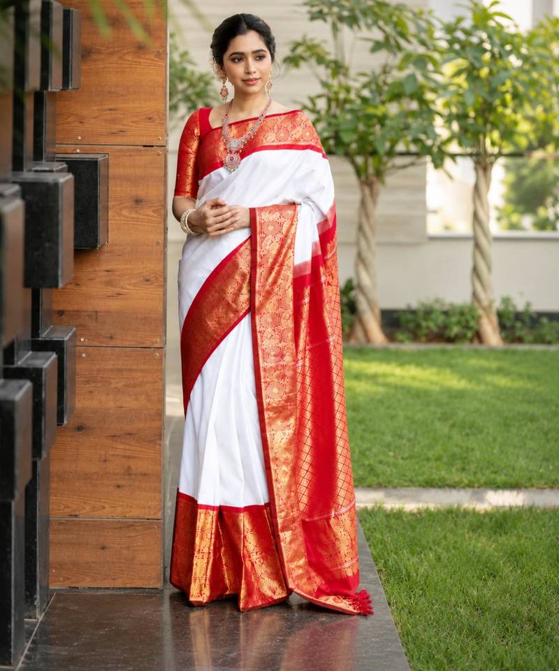 White silk blend zari woven woven saree