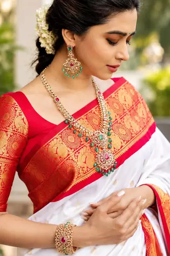 White silk blend zari woven woven saree