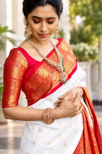 White silk blend zari woven woven saree