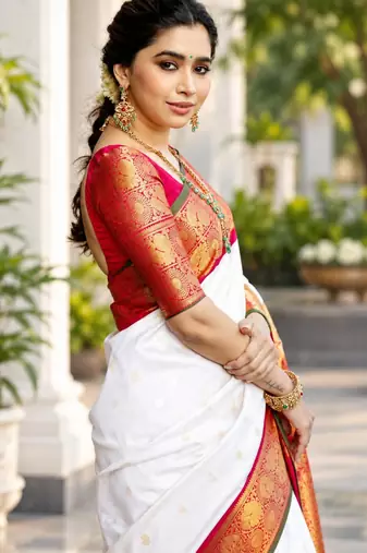 White silk blend zari woven woven saree
