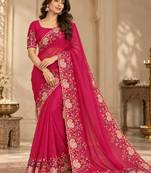 Rani-pink georgette thread work embroidered saree