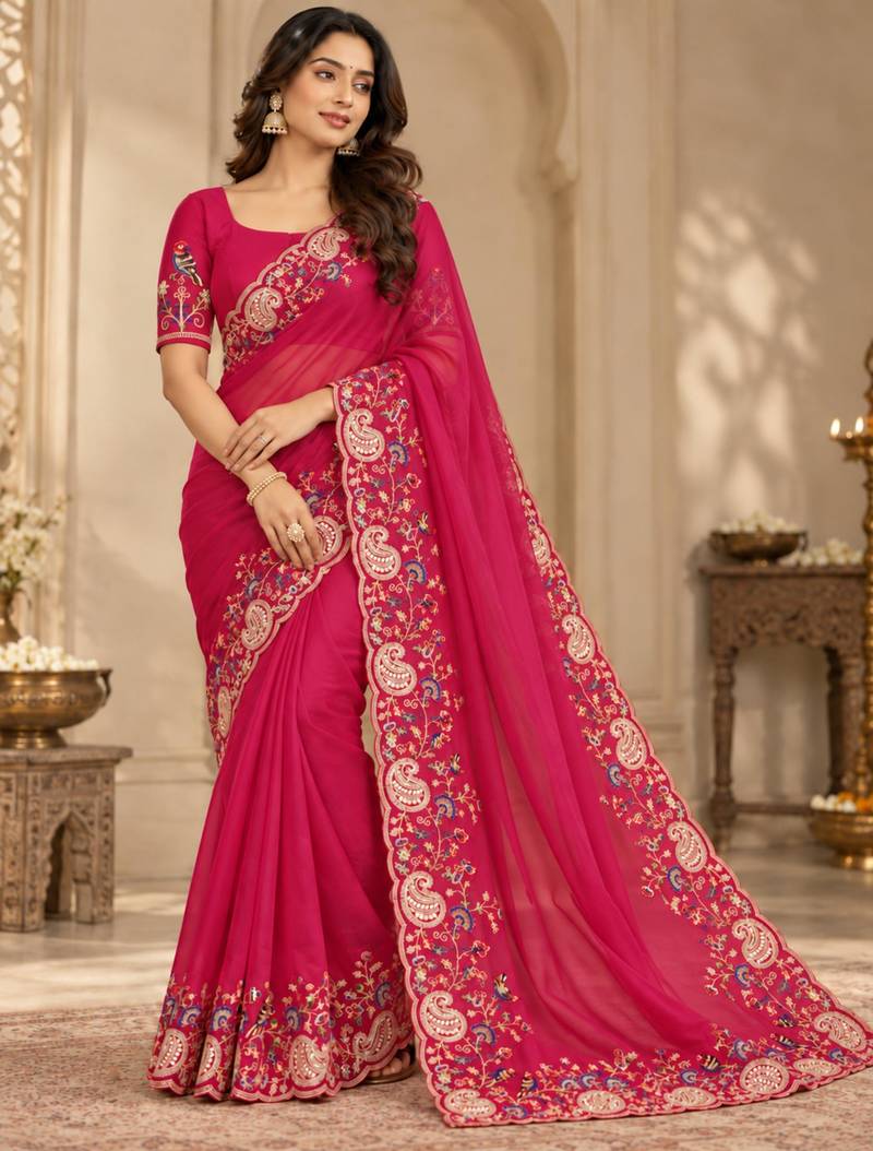 Rani-pink georgette thread work embroidered saree