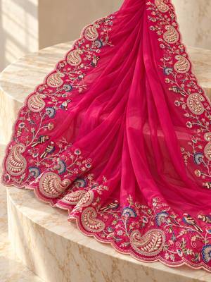 Rani-pink georgette thread work embroidered saree 2