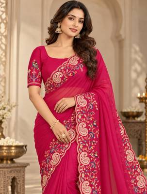 Rani-pink georgette thread work embroidered saree 3