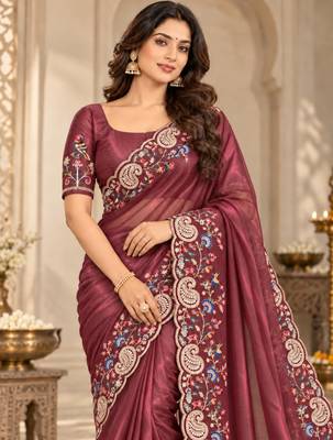 Wine silk blend resham embroidery embroidered saree 1