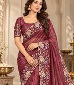Wine silk blend resham embroidery embroidered saree