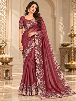 Wine silk blend resham embroidery embroidered saree 2