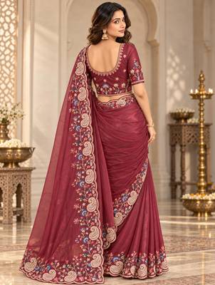Wine silk blend resham embroidery embroidered saree 3