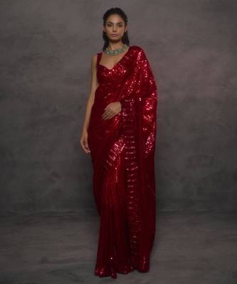 Dark-red georgette sequins work embroidered saree 1