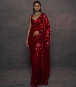 Dark-red georgette sequins work embroidered saree