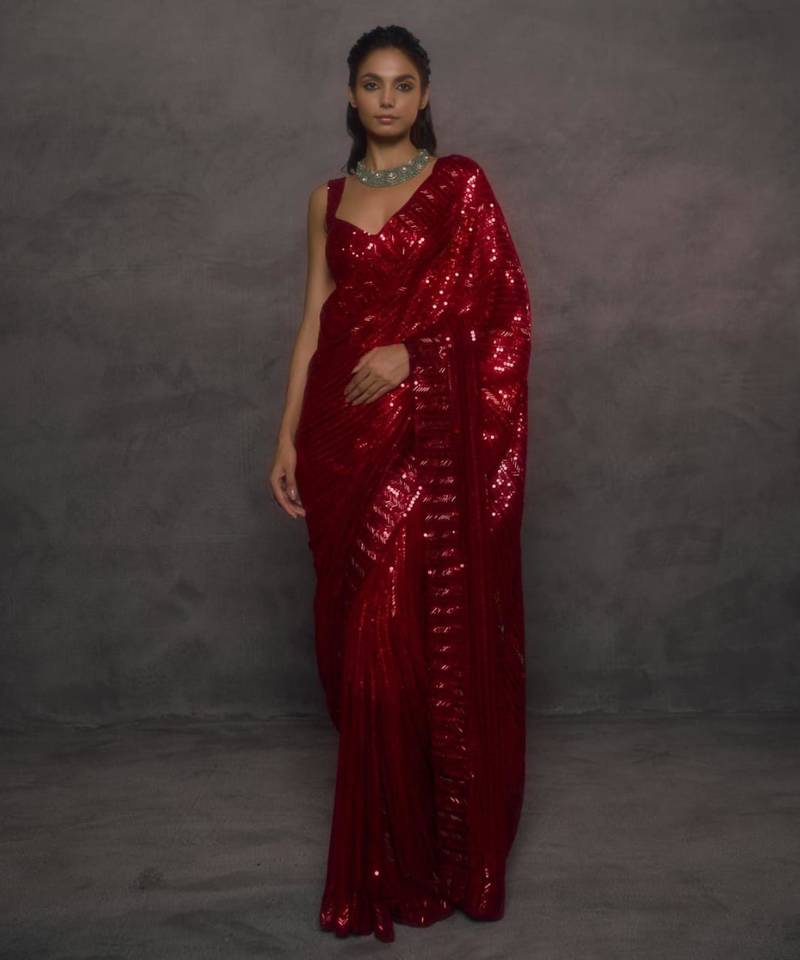 Dark-red georgette sequins work embroidered saree