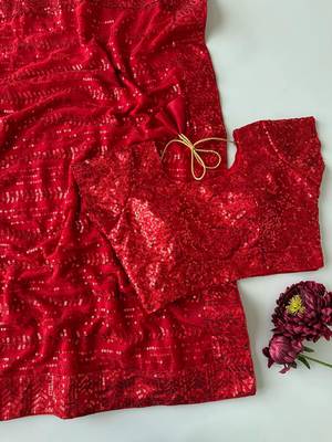 Dark-red georgette sequins work embroidered saree 2