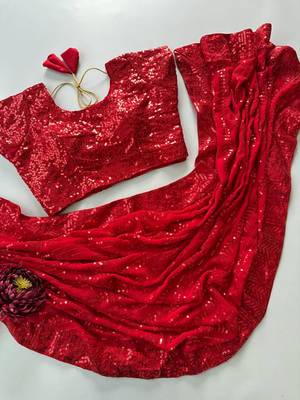 Dark-red georgette sequins work embroidered saree 3