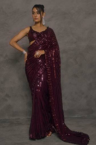 Wine georgette sequins work embroidered saree