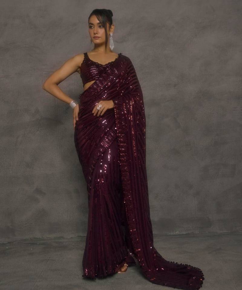 Wine georgette sequins work embroidered saree
