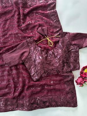 Wine georgette sequins work embroidered saree 3