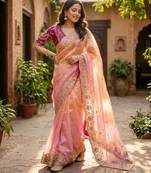 Peach silk blend sequins work embroidered saree