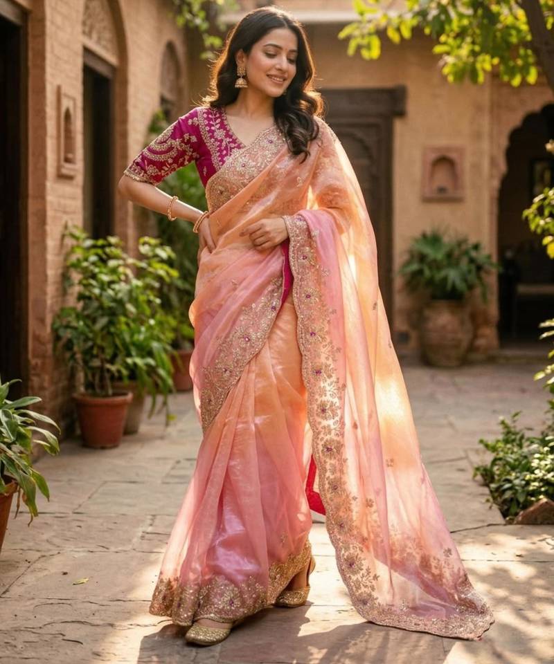 Peach silk blend sequins work embroidered saree