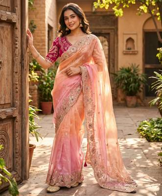 Peach silk blend sequins work embroidered saree 2