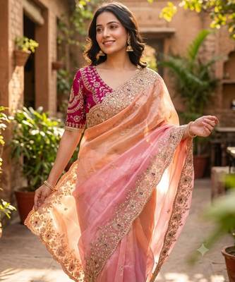 Peach silk blend sequins work embroidered saree 3
