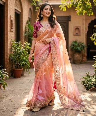Peach silk blend sequins work embroidered saree 4