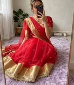 Red silk blend booti work embroidered saree