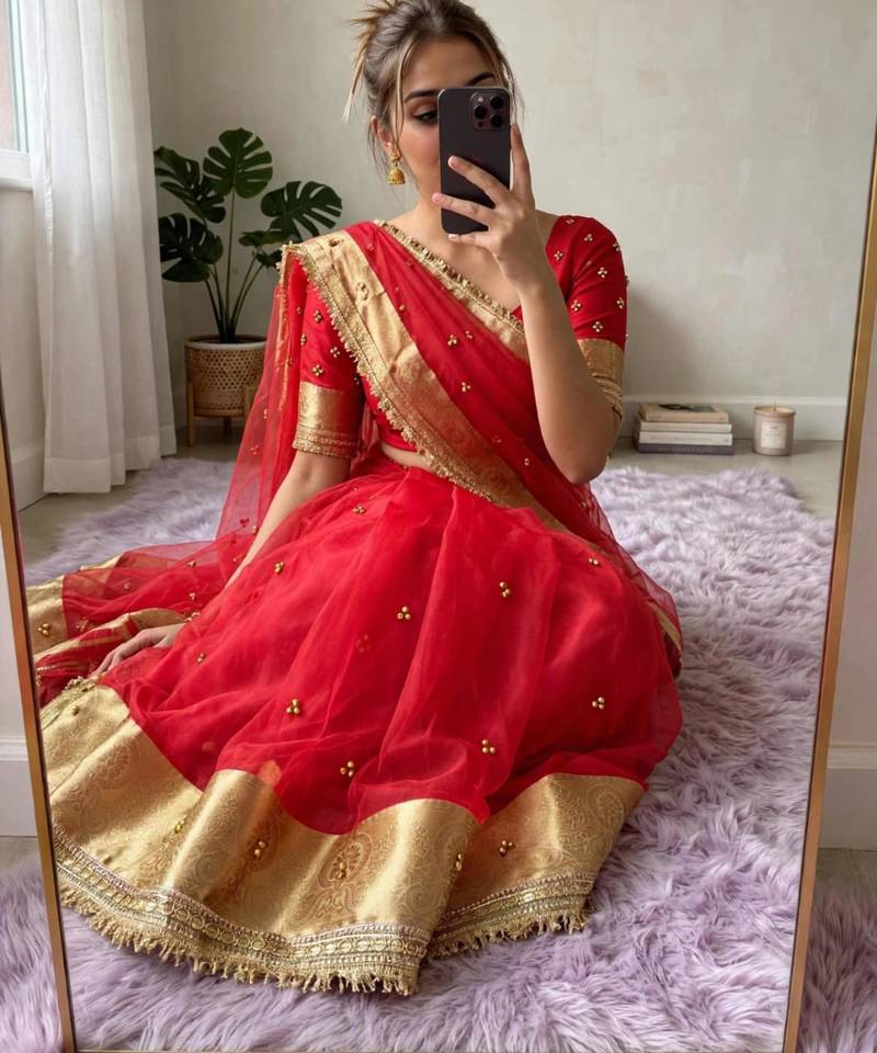 Red silk blend booti work embroidered saree