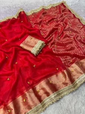Red silk blend booti work embroidered saree 2