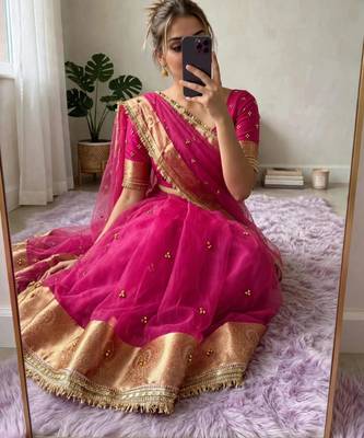 Rani-pink silk blend booti work embroidered saree 1