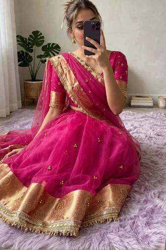 Rani-pink silk blend booti work embroidered saree