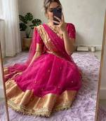 Rani-pink silk blend booti work embroidered saree