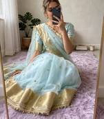 Sky-blue silk blend banarasi silk embroidered saree
