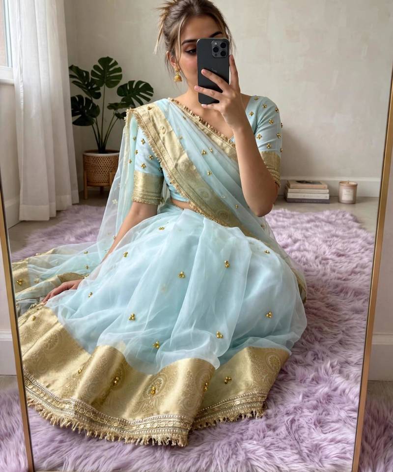 Sky-blue silk blend banarasi silk embroidered saree