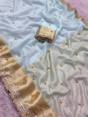 Sky-blue silk blend banarasi silk embroidered saree 2