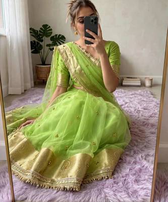 Light-green silk blend zari work embroidered saree 1